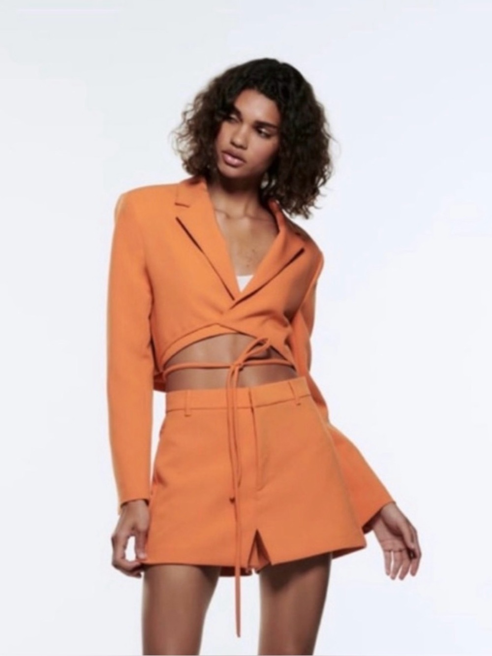 Zara Orange Two-Piece Tie-Waist Blazer and Short Set